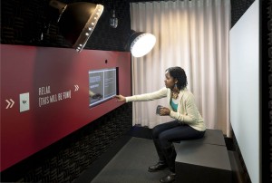 A user-friendly touchscreen inside the Object Stories booth guides participants through the recording process.