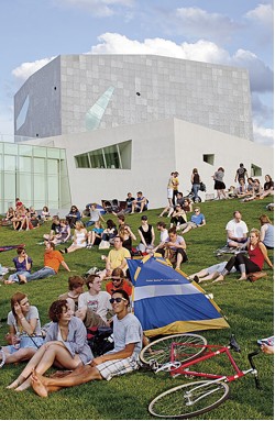 A crowd gathers on the field for Open Exposure, a music festival organized by the Walker Art Center Teen Arts Council, 2010. Photo © Walker Art Center.