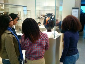 Students looking together at the Met