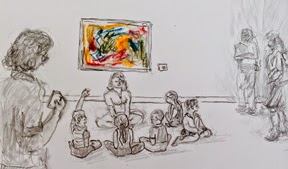 Figure 1: I did this awkward little drawing as a composite memory of many family programs in different museums. While this is from my experience, try a Google image search for "family programs in art museums” and you will find, amidst lots of pictures of kids making art, some images that have this same basic choreography. Yes, the odd tilt of the painting bothers me too.