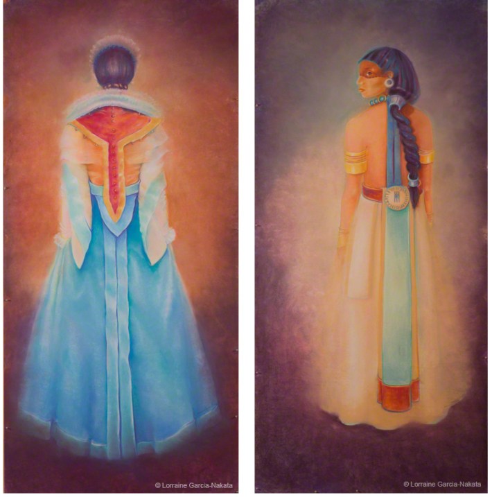 Lorraine García-Nakata, "Facio Nova Omnia II: Colonia" and "Facio Nova Omnia II: Indigena" (Diptych), Pastel on Paper, each 7’x 3’ 9” 2005