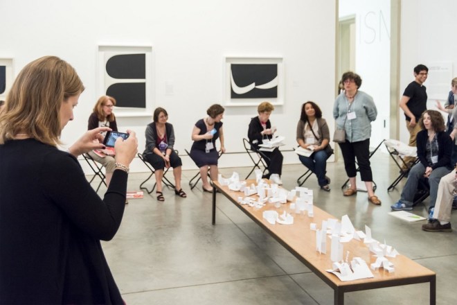 teachers' paper sculptures on display